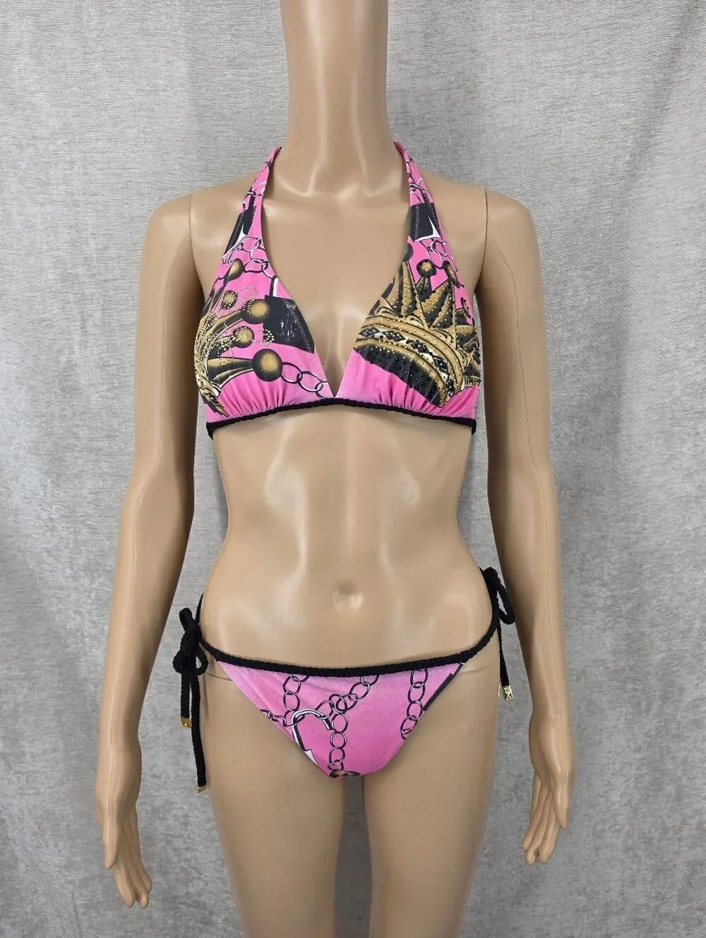Christian Audigier Y2K Rhinestone Pink Chain & Crown Halter Tie String Bikini